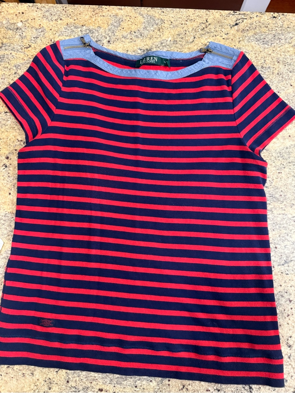 Lauren Ralph Lauren Navy & Red Striped Short-Sleeve Tee with Denim Trim